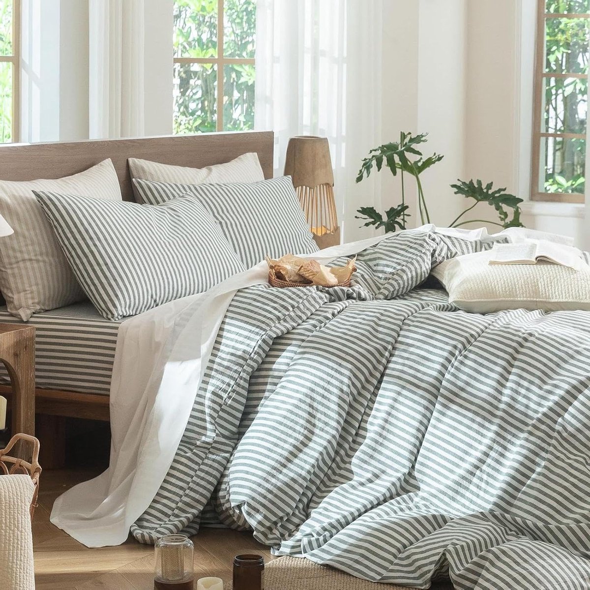 Lanqinglv Beddengoed 220x240 katoen gestreept groen wit, 100% renforcé katoenen beddengoedset met ritssluiting - ShopVlot