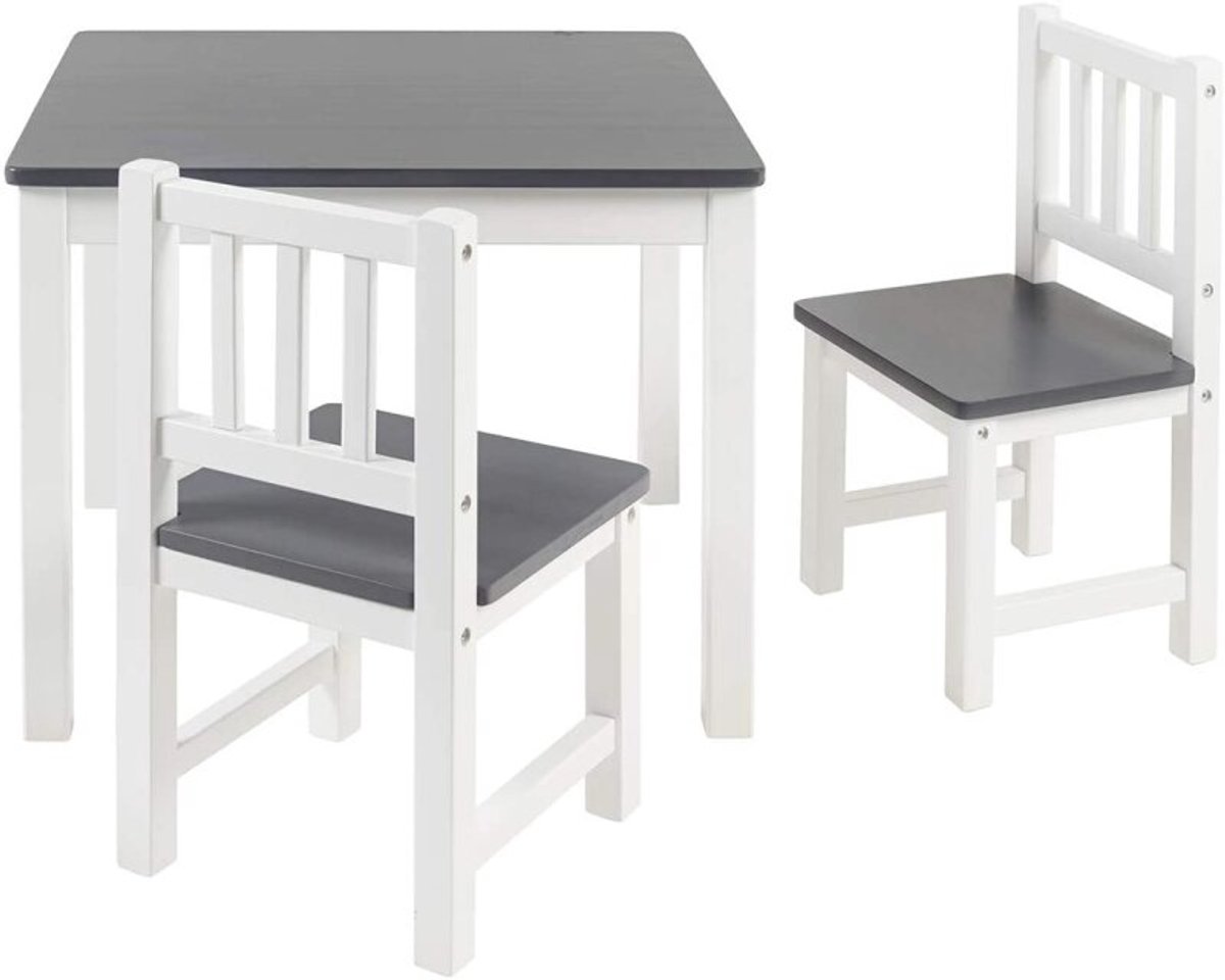 Bomi Amy Kindertafel met 2 Stoeltjes Hout FSC Grijs Wit - Massief Grenenhout - Kindertafel en Stoeltjes - Speeltafel - Tekentafel - 3 t/m 6 Jaar