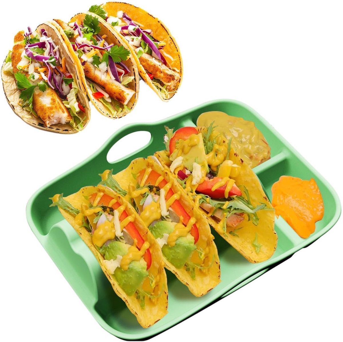 Ulisem - Taco Houder - Taco Serveerschaal - Taco Tray met Dipvakjes - Snackbord - Voor Taco’s Snacks en Sauzen - Voor Feest Picknick en Barbecue - Groen