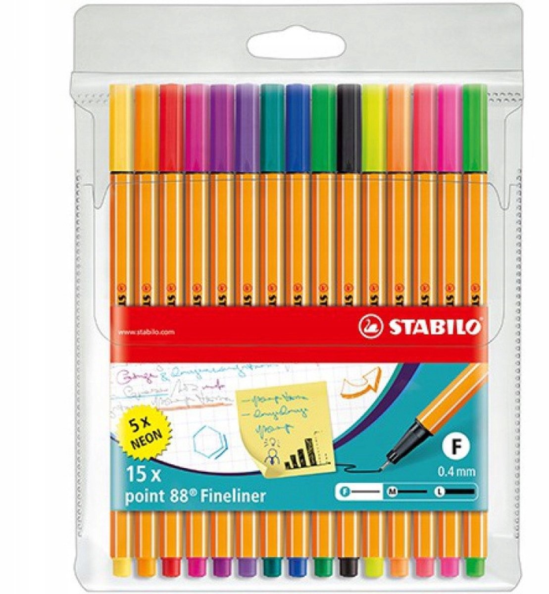 STABILO Fineliners Set 15 stuks - 10 basiskleuren + 5 neon