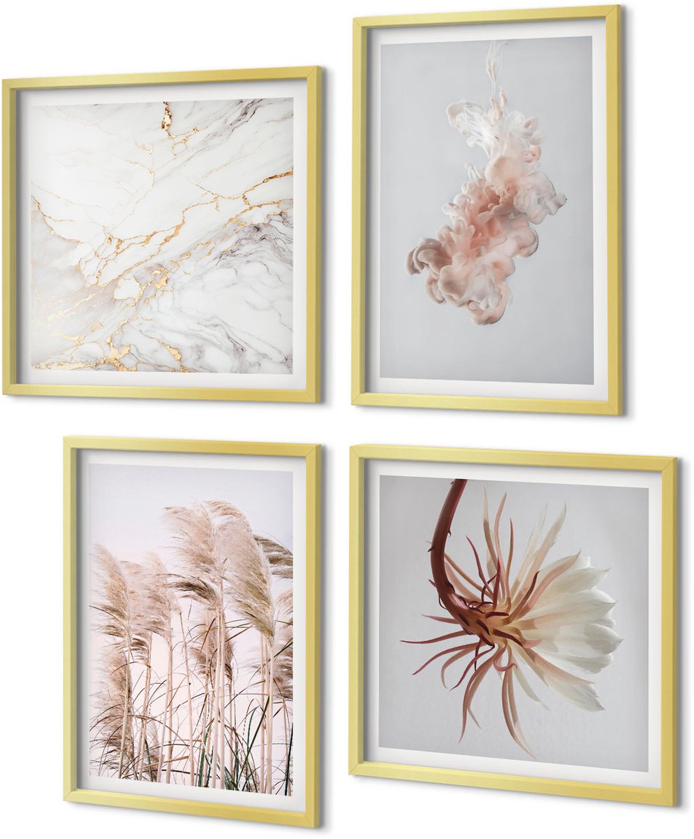 Coloray 4-Delige Schilderij Set - Elegante bloemen en grassen in wit marmer - 40 x 40 cm en 40 x 60 cm - Muurdecoratie - Decoratieve Schilderijen - Wohnzimmer - Stijlvolle Muurdecoratie