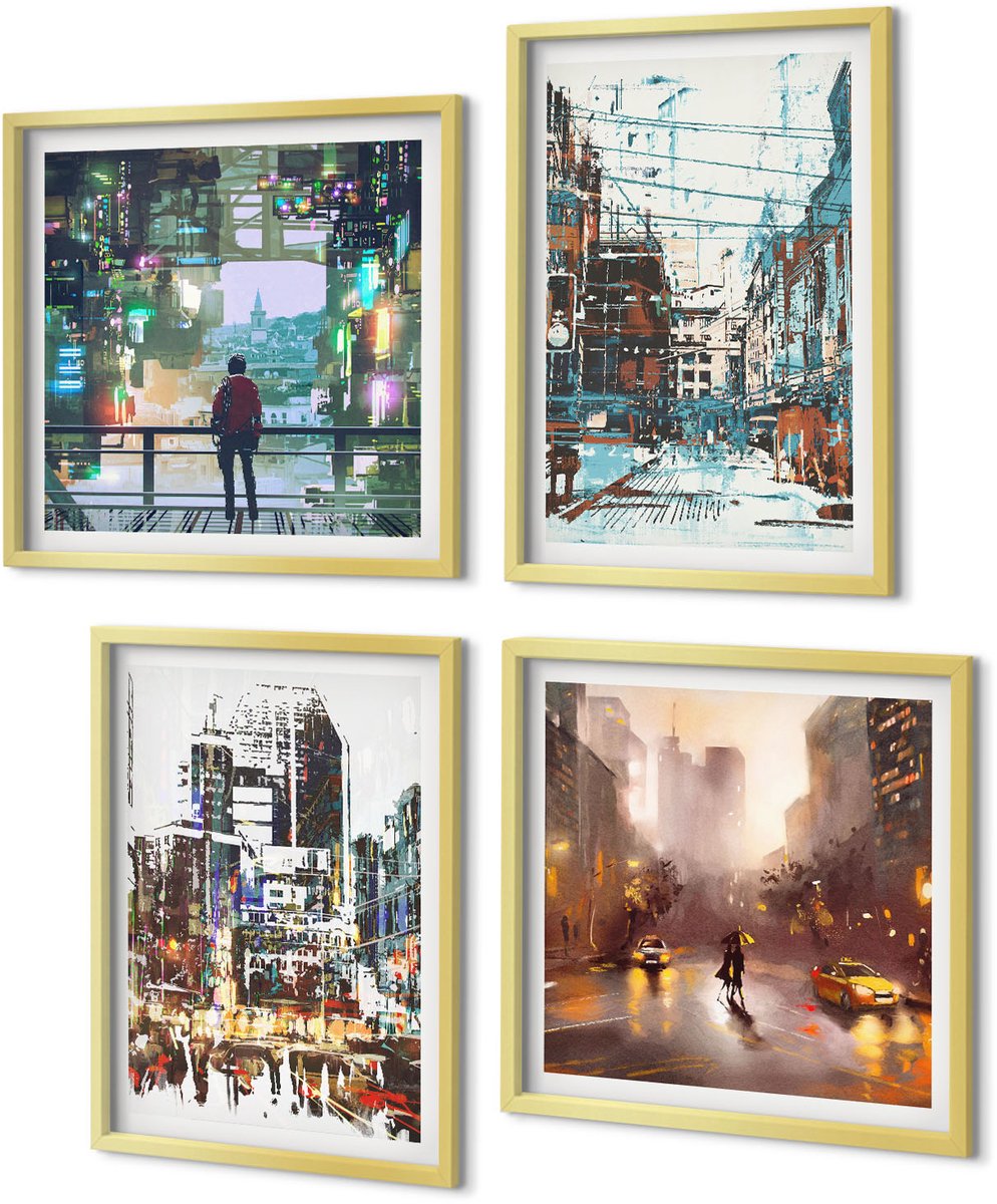 Coloray 4-Delige Schilderij Set - Moderne steden in kleur met een figuur op de achtergrond - 40 x 40 cm en 40 x 60 cm - Wanddecoratie - Moderne Interieurdecoratie - Decoratieve Schilderijen