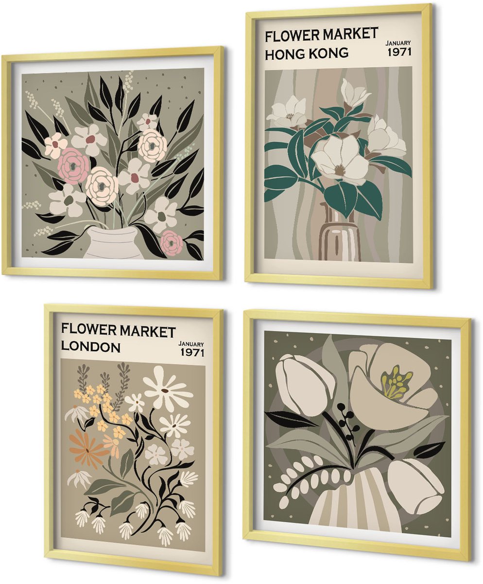 Coloray 4-Delige Schilderij Set - Bloemenposters Londen Hong Kong Illustraties - 40 x 40 cm en 40 x 60 cm - Wanddecoratie - Woonkamer Decoratie - Decoratieve Schilderijen