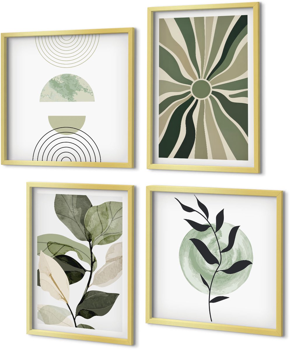 Coloray 4-Delige Schilderij Set - Plantmotieven met geometrische vormen in groen - 40 x 40 cm en 40 x 60 cm - Decoratieve Muurdecoratie - Slaapkamer - Moderne Wanddecoratie