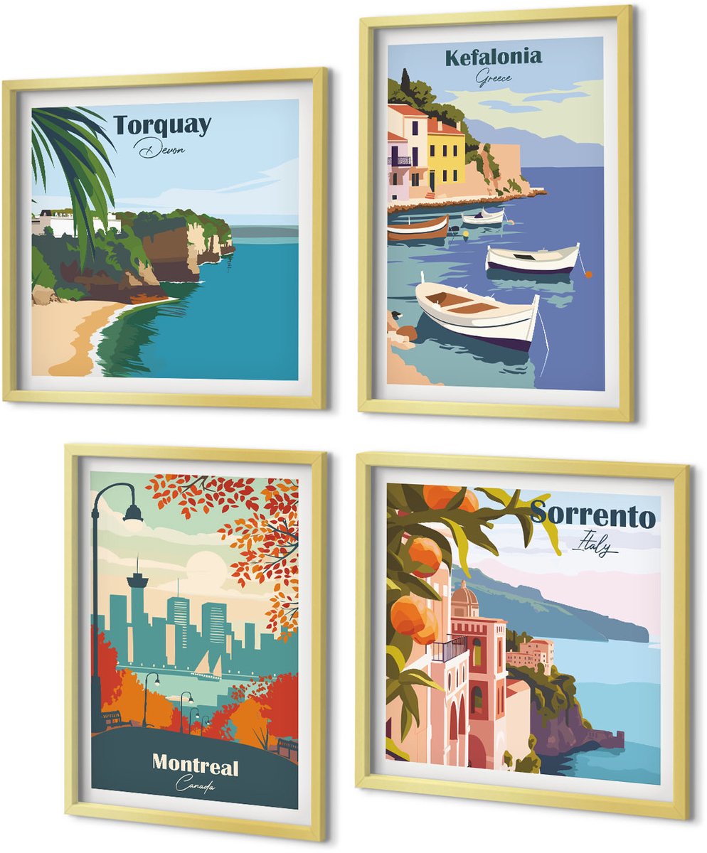 Coloray 4-Delige Schilderij Set - Retrobeelden van steden en landschappen van over de hele wereld - 40 x 40 cm en 40 x 60 cm - Schilderijen Set - Wanddecoratie - Woonkamer - Muurdecoratie