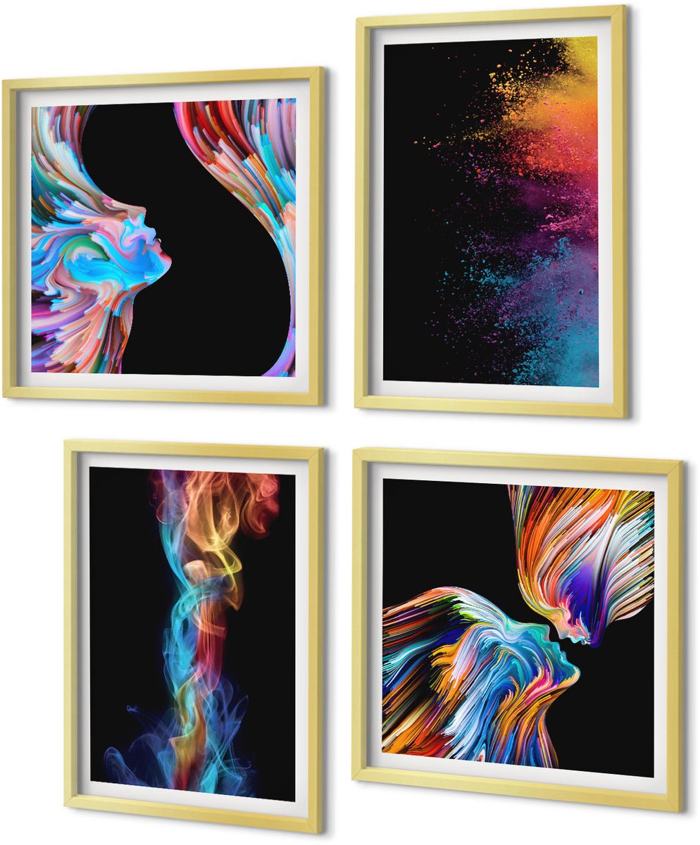 Coloray 4-Delige Schilderij Set - Kleurrijke abstracties met gezichten en dynamische vormen - 40 x 40 cm en 40 x 60 cm - Muurdecoratie - Decoratieve Schilderijen - Wohnzimmer