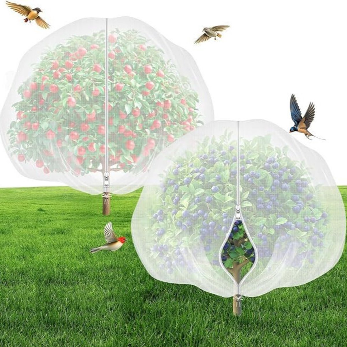 Tweedelig plantenbeschermingsnet met trekkoord en sluiting, 1,2 m x 1,2 m insectennet voor fruitbomen