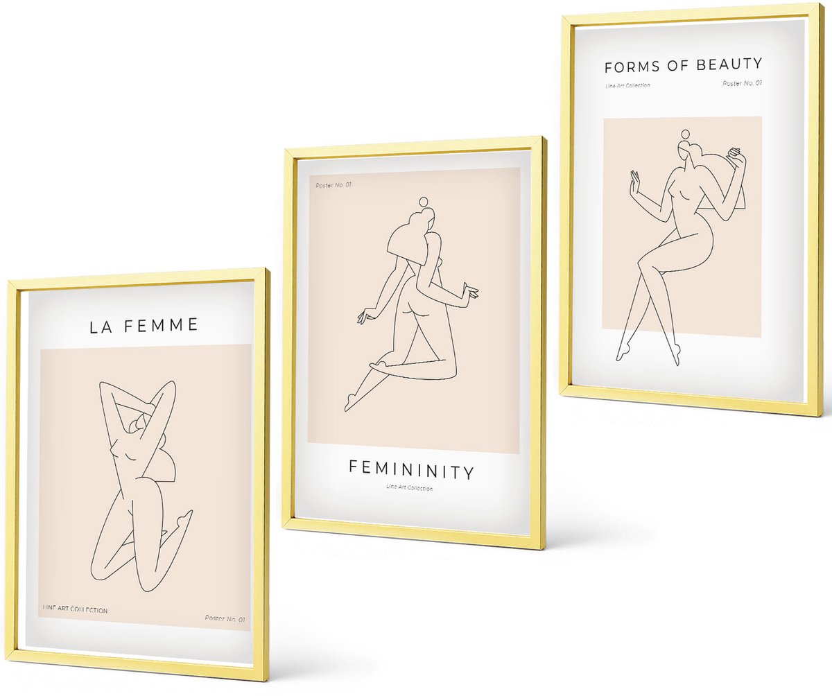 Coloray 3-Delige Schilderij Set - Lineaire Silhouetten Van Vrouwen In Minimalistische Posters - 40 x 40 cm En 40 x 60 cm - Muurdecoratie - Interieur Decoratie