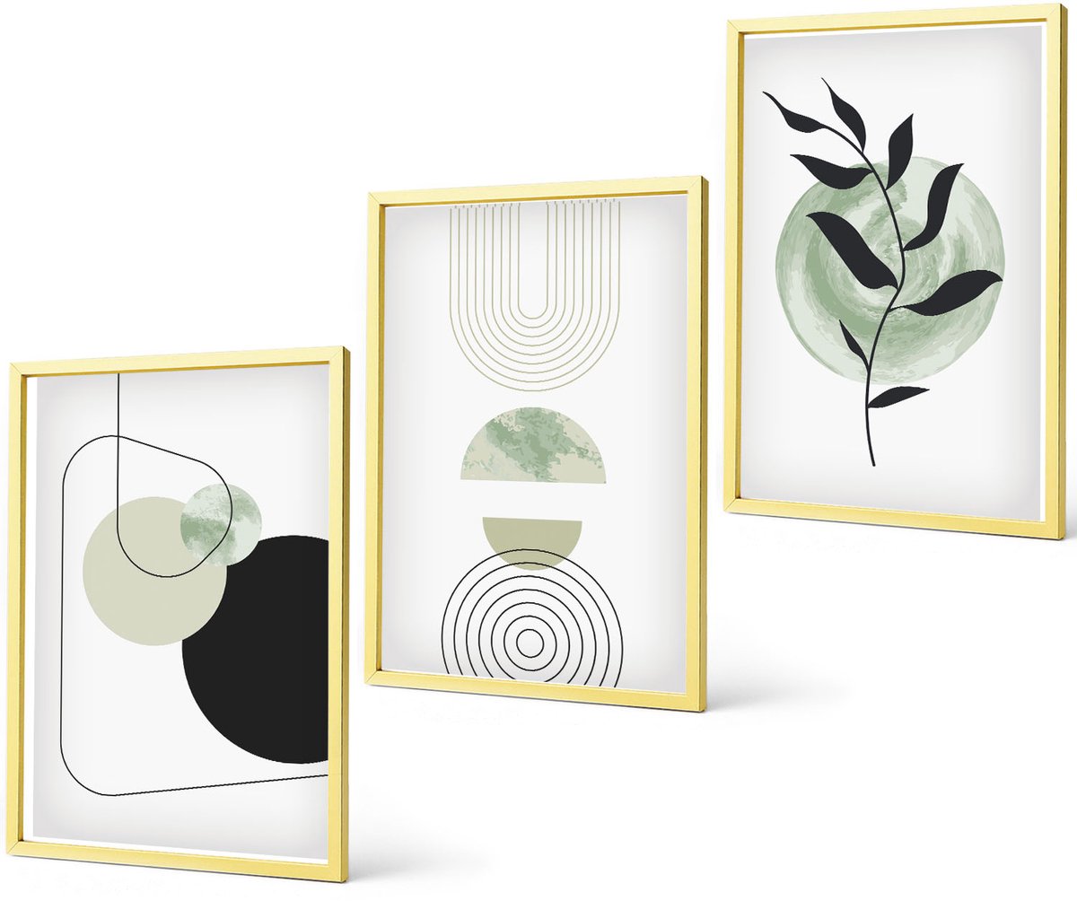 Coloray 3-Delige Schilderij Set - Abstracte Vormen En Plantmotieven In Groen - 40 x 40 cm En 40 x 60 cm - Stijlvolle Muurdecoratie - Slaapkamer - Wanddecoratie