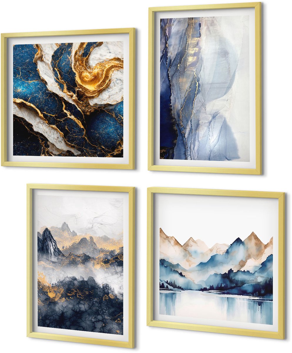 Coloray 4-Delige Schilderij Set - Berglandschappen met blauwe en grijze tinten - 40 x 40 cm en 40 x 60 cm - Wanddecoratie - Muurdecoratie - Moderne Interieurdecoratie - Woonkamer Decoratie