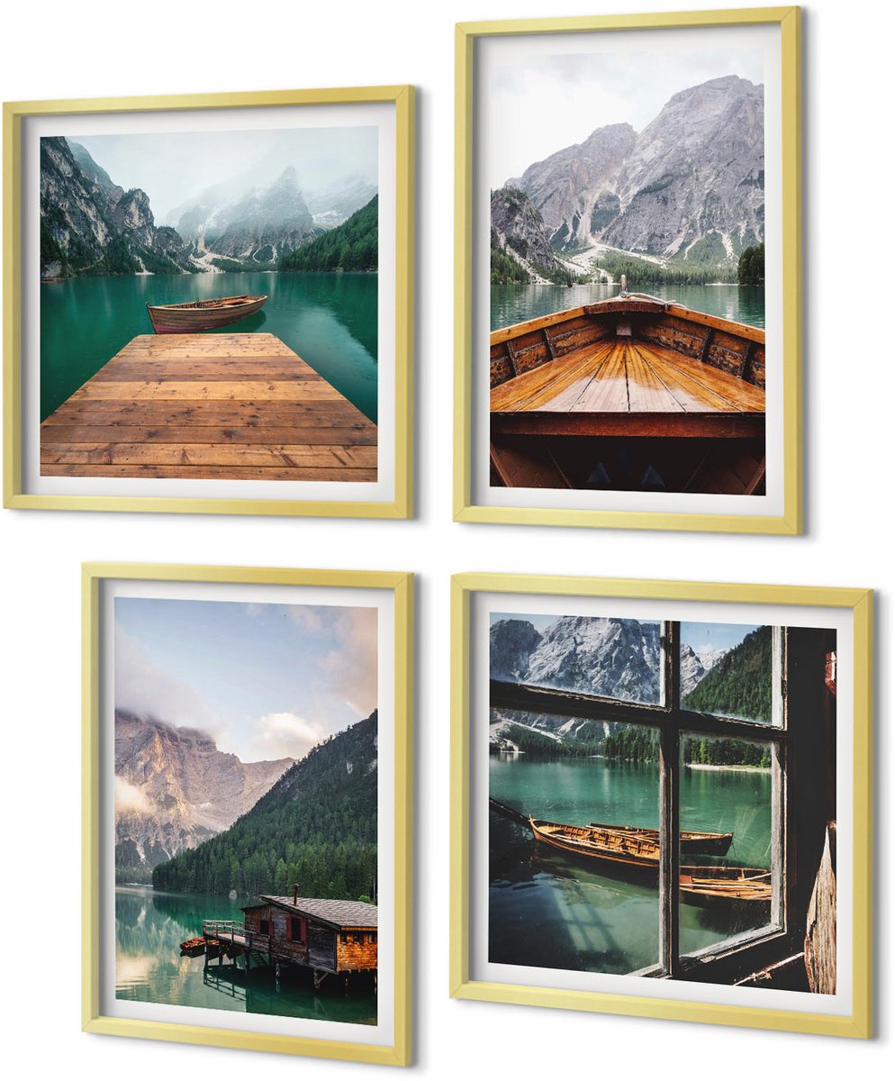 Coloray 4-Delige Schilderij Set - Berglandschap, houten huisje, steiger en boten - 40 x 40 cm en 40 x 60 cm - Wanddecoratie - Muurdecoratie - Woonkamer - Stijlvolle Muurdecoratie