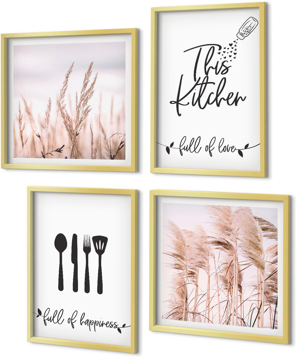 Coloray 4-Delige Schilderij Set - Keukenbelettering Delicate Boho Grassen - 40 x 40 cm en 40 x 60 cm - Muurdecoratie - Interieur Decoratie