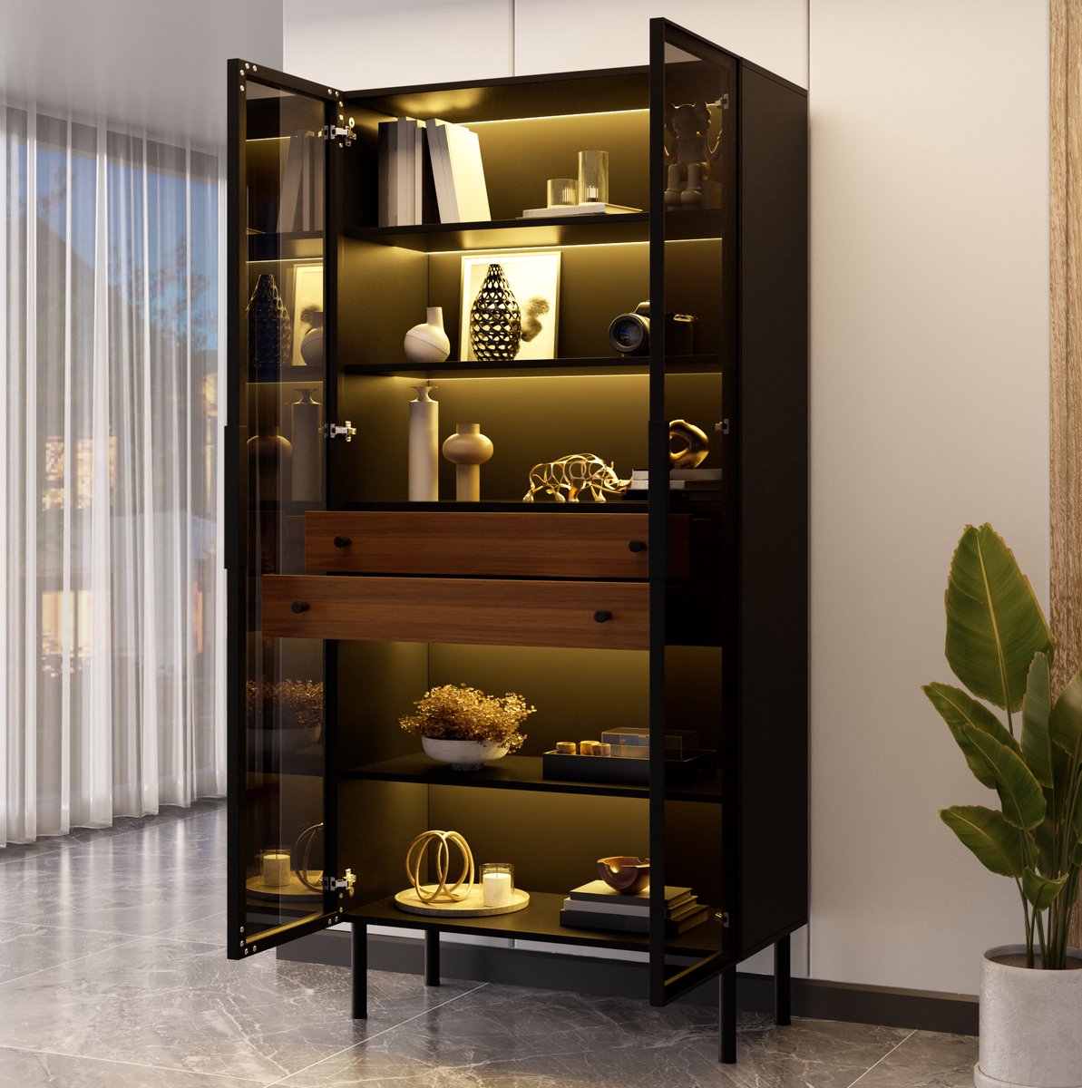 MIVRAY Vitrinekast - Glazen Deuren Met Ledverlichting En Appbediening - Voor Woonkamer En Eetkamer - Zwart - 70x36x170 Cm