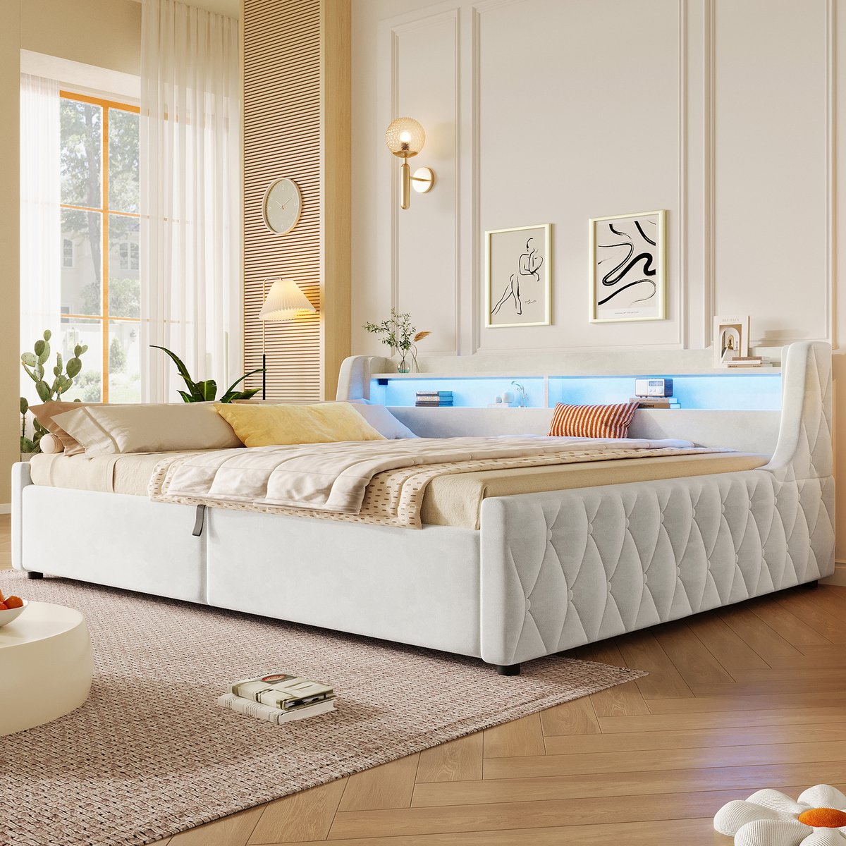 Gestoffeerd bed 140 x 200 cm - Hydraulische opbergruimte - LED-verlichting - Met hoofdbord - Flanel - Gebroken wit