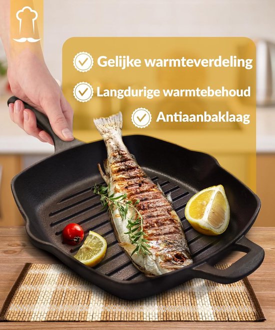 Gietijzeren Grillpan - Koekenpan Emaille - Vlees Vis Grillen - Alle Kookplaten Oven - 255 cm - Zwart — afbeelding 5