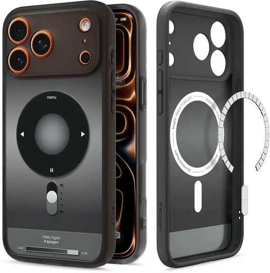 Zwarte Spigen hoes met retro iPod-ontwerp, telefoon en de MagSafe-ring, met koperen details.