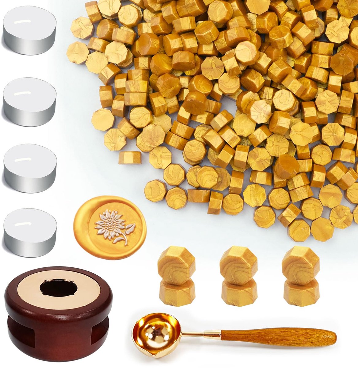 Wax-zegelkralenset met 400 stuks gouden waszegelparels, waxzegelwarmer, smeltlepel, 4 stuks kaarsen, waszegelkit voor bruiloftsuitnodigingen