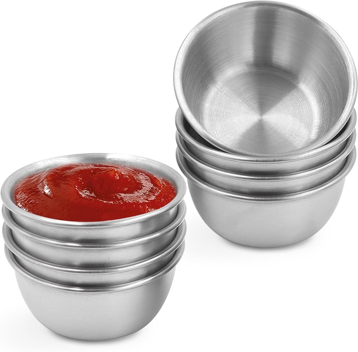 8 stuks roestvrijstalen dompelsauskopjes, 59 ml ronde kleine kommen voor dips, mini herbruikbare sauskommen, metalen dompelbeker voor thuisfeest, restaurant (zilver)