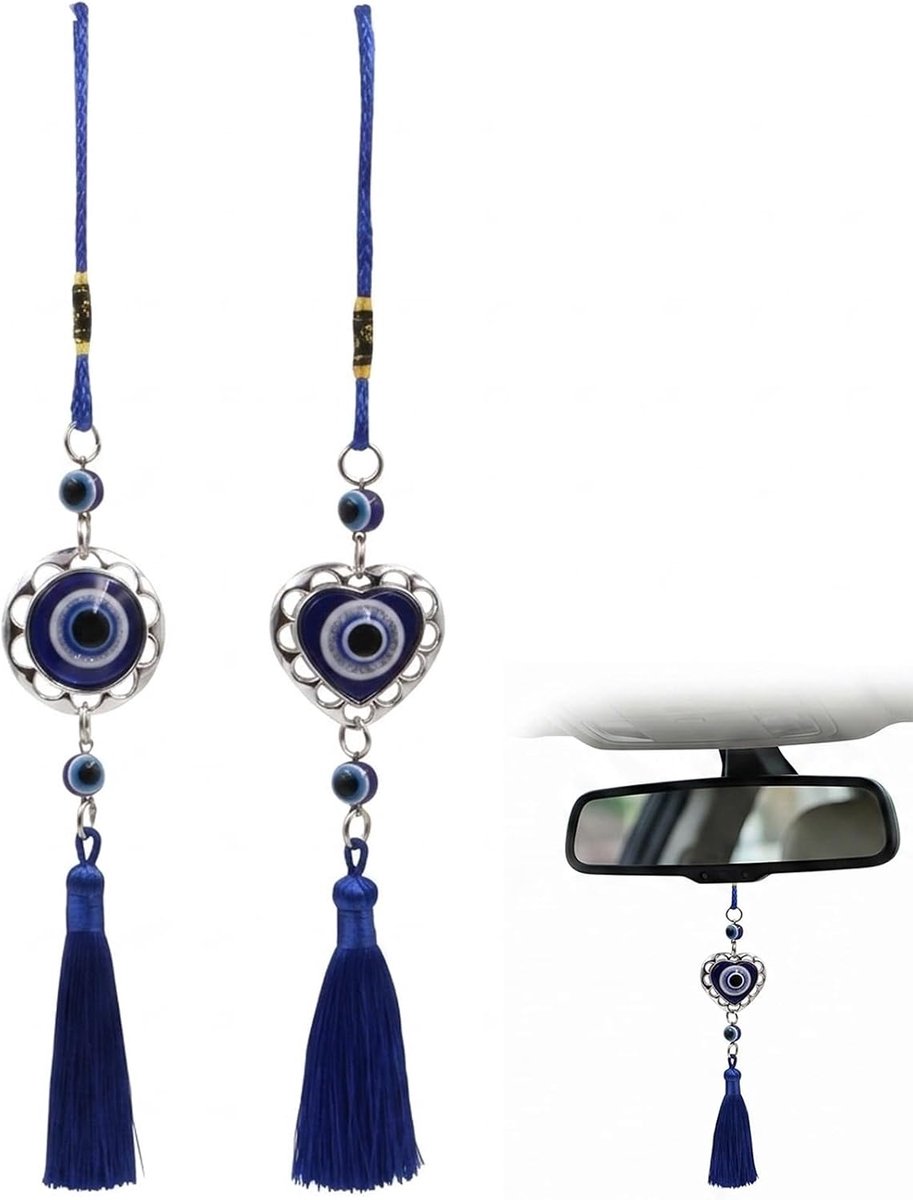 2 stuks, Turks oog auto, hanger van blauw glas, beschermend amulet en geluk voor achteruitkijkspiegel, boze oog, decoratie voor thuis en kantoor, hartontwerp en rond, met kwast