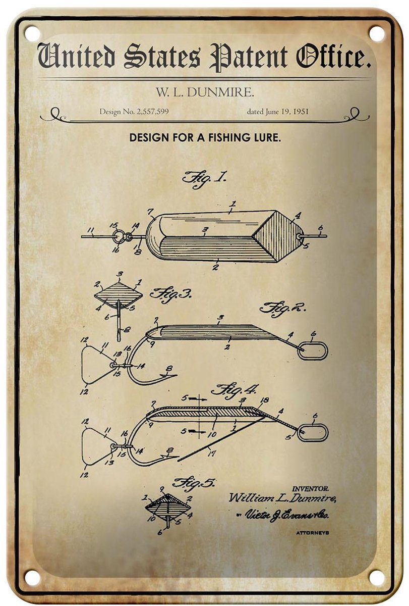 Blechschild Patent 12x18 cm Entwurf für einen Angelköder 2 Deko Schild