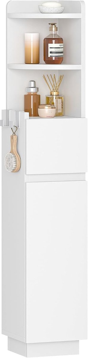 Hzuaneri Badkamerkastje, toiletkastje, 20 x 20 x 98 cm, wit, smal badkamerkastje met verstelbare plank, 1 lade en 4 open vakken