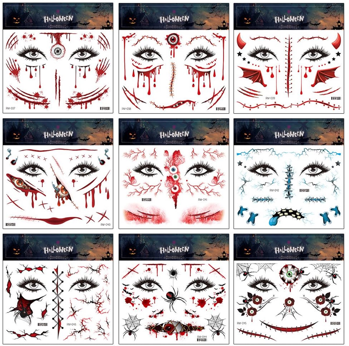 10 Vellen Halloween Tijdelijke Tatoeages - Dodenmasker, Bloedend Oog - Nep Tatoeages voor Halloween Feest Make-up & Decoratie - 1 Set
