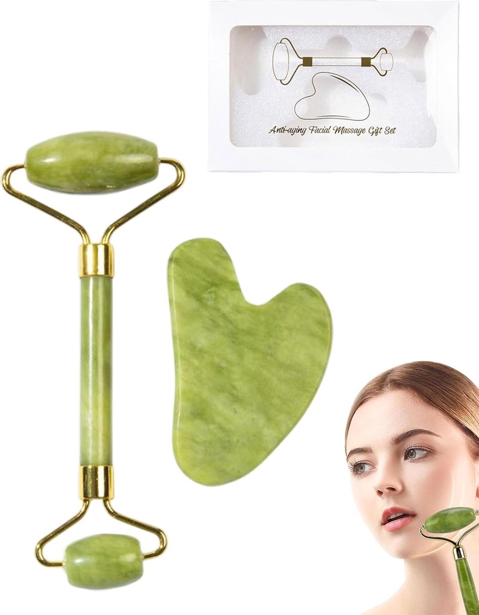 2 Gua Sha en roller, Guasha voor gezichtsmassage, gezichtsmassageapparaat, gezichtsroller, jaderol voor gezicht, ontspanning van de nek- en lichaamsspieren, met geschenkdoos, groen
