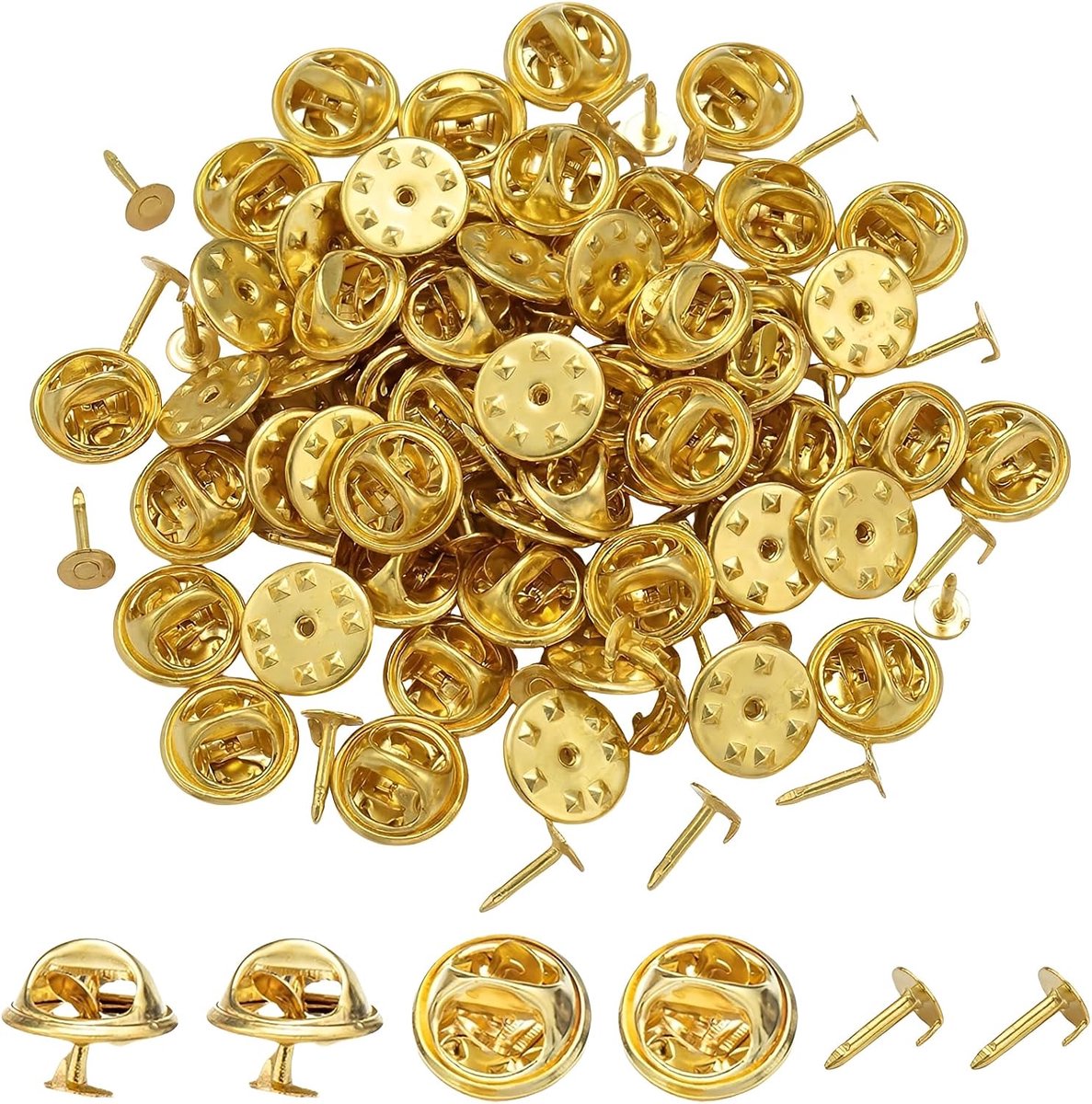 50 stuks vlindersluitingen met vergulde metalen naalden, set voor het maken van sieraden en knutselwerk, reservenaalden voor emaille broches en badges, goudkleurig