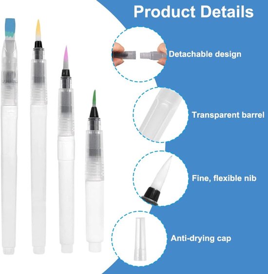 12 Stuks Water Color Brush Pen Set, Waterpenselen met Vulbare Watertank | Penseel met Waterreservoir, Waterborstel Pen, Navulbare Aquarel Aqua-Verfborstels, voor Aquarelschilderen, Kalligrafie — afbeelding 2