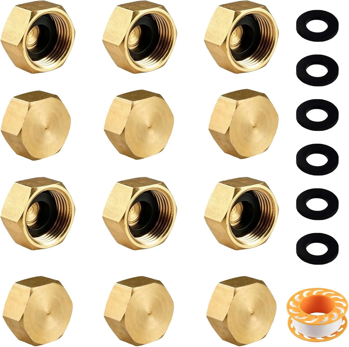 afsluitdop G3/4 inch DN20 (diameter 24 mm), 12 stuks blinde stoppen met rubberen afdichtingen, zeshoekige buisdop met binnendraad, schroefdraadfitting voor tuin, waterleiding en
