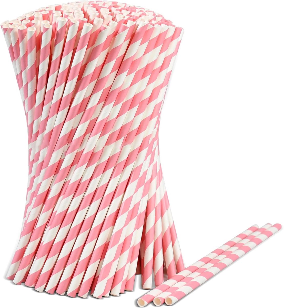 Rietjes van papier met roze/witte strepen, 1000 stuks, 19,7 cm x 0,6 cm, biologisch afbreekbaar en composteerbaar