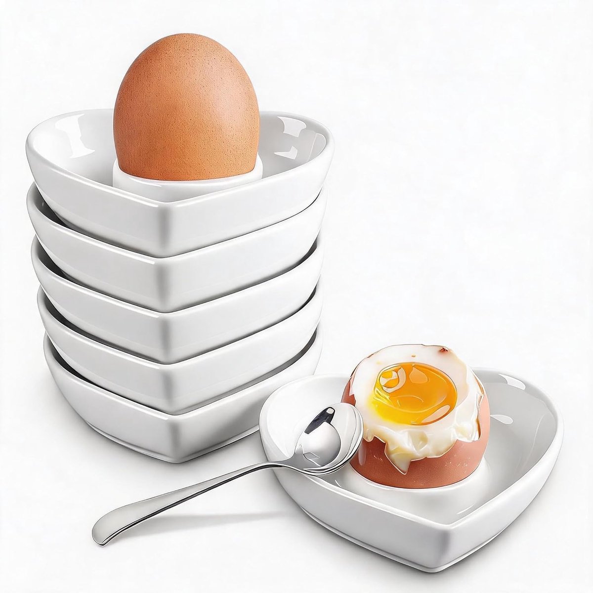 Eierdopjes porselein, wit, set van 6 eierdopjes, keramiek, stapelbaar, eierdopjes, wit porselein, creatief hart, vaatwasmachinebestendig en magnetronbestendig, voor ontbijt, eettafel en