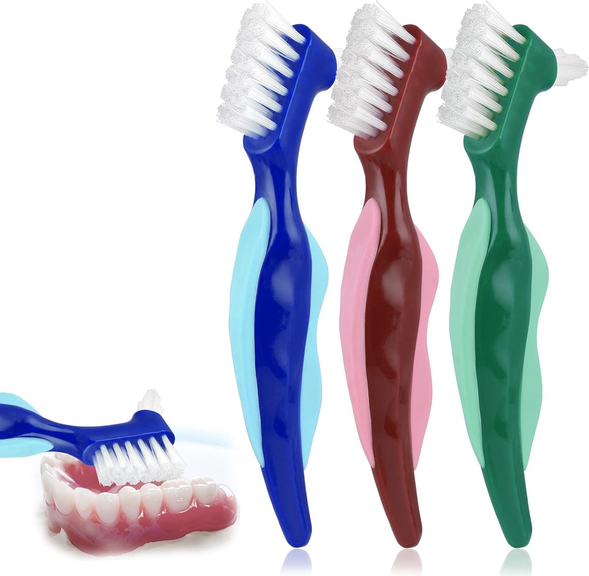 prothesenborstels met 3 stuks borstels voor het reinigen van hygiënische prothesen, premium in 3 kleuren, de verzorging van de prothesen, dubbelzijdige tandenborstel met meerlaagse borstelharen