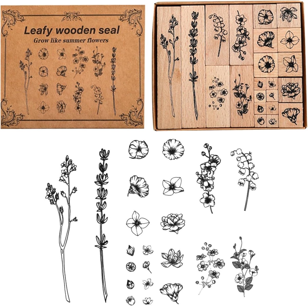 Houten planten, stempelset van hout en rubber om te knutselen, stempels voor scrapbooking, doe-het-zelf cadeauhangers (22, bloemen)