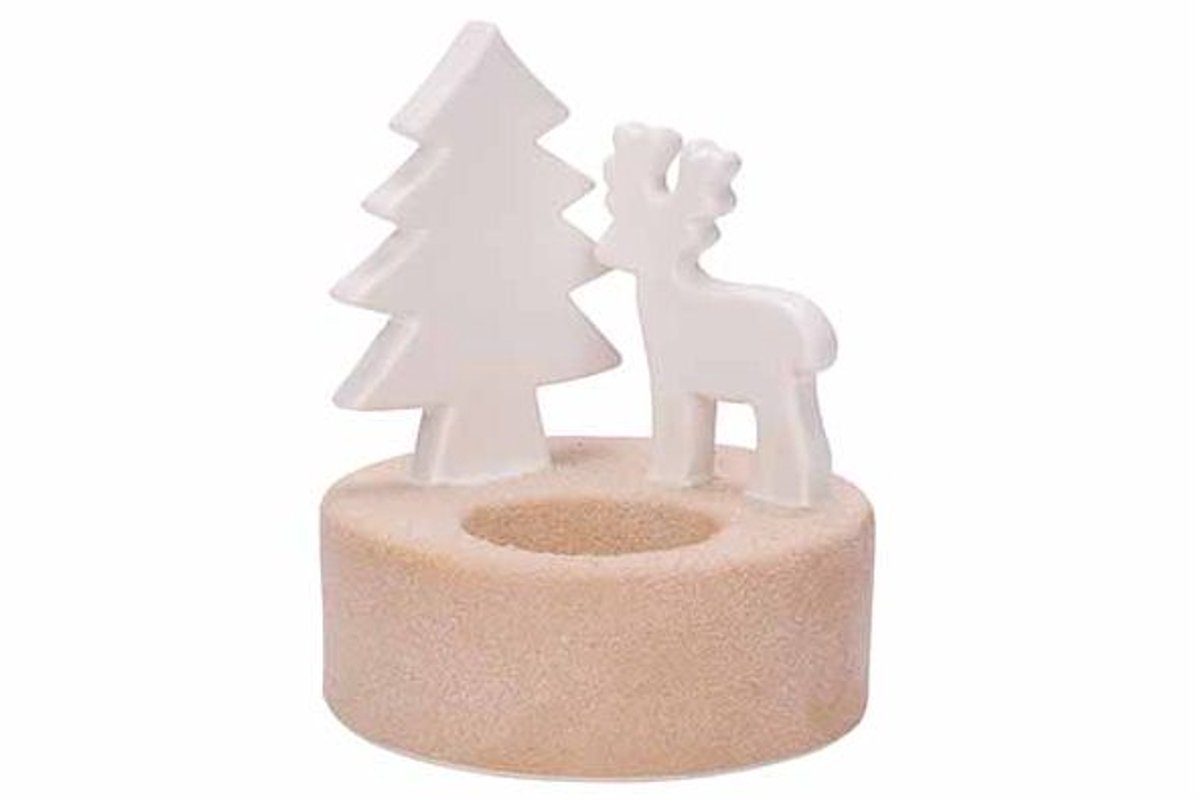 Theelichthouder Tree And Deer Wit 10x10x H12cm Rond Keramiek