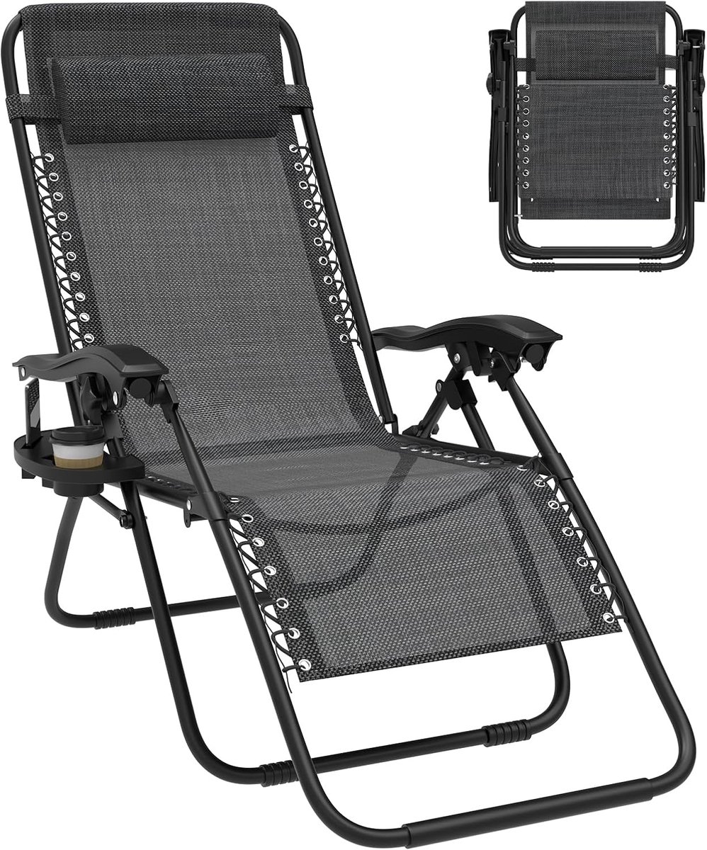 Ligstoel, inklapbaar, zonneligstoel, balkon met traploos verstelbare posities & hoofdsteun & drankhouder, tuinligstoel, relaxligstoel met stalen frame en stoffen bekleding, voor terras
