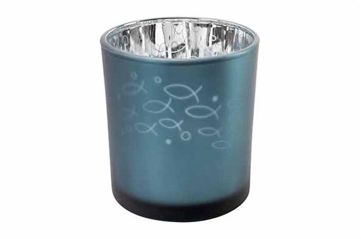 Theelichthouder Fishes Blauw D7xh8cm Gla S