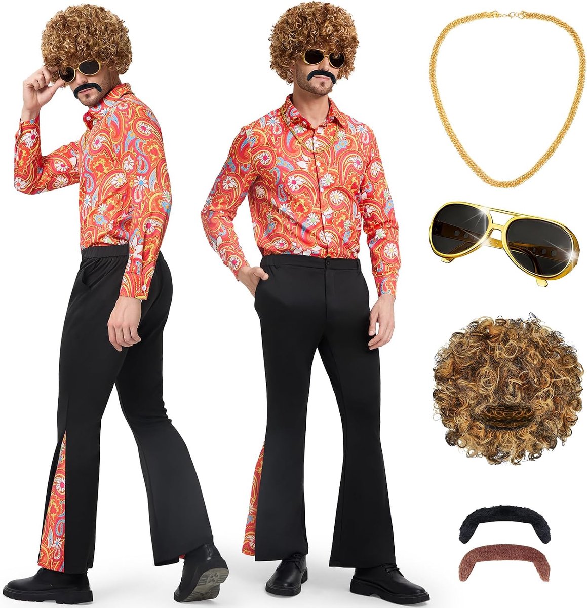 Jaren 70-kostuum voor heren, 7-delig hippiekostuum voor mannen, discokostuum voor heren, met hemd, wijde broek, pruik en discoaccessoires voor jaren '70-feest, carnaval, Halloween