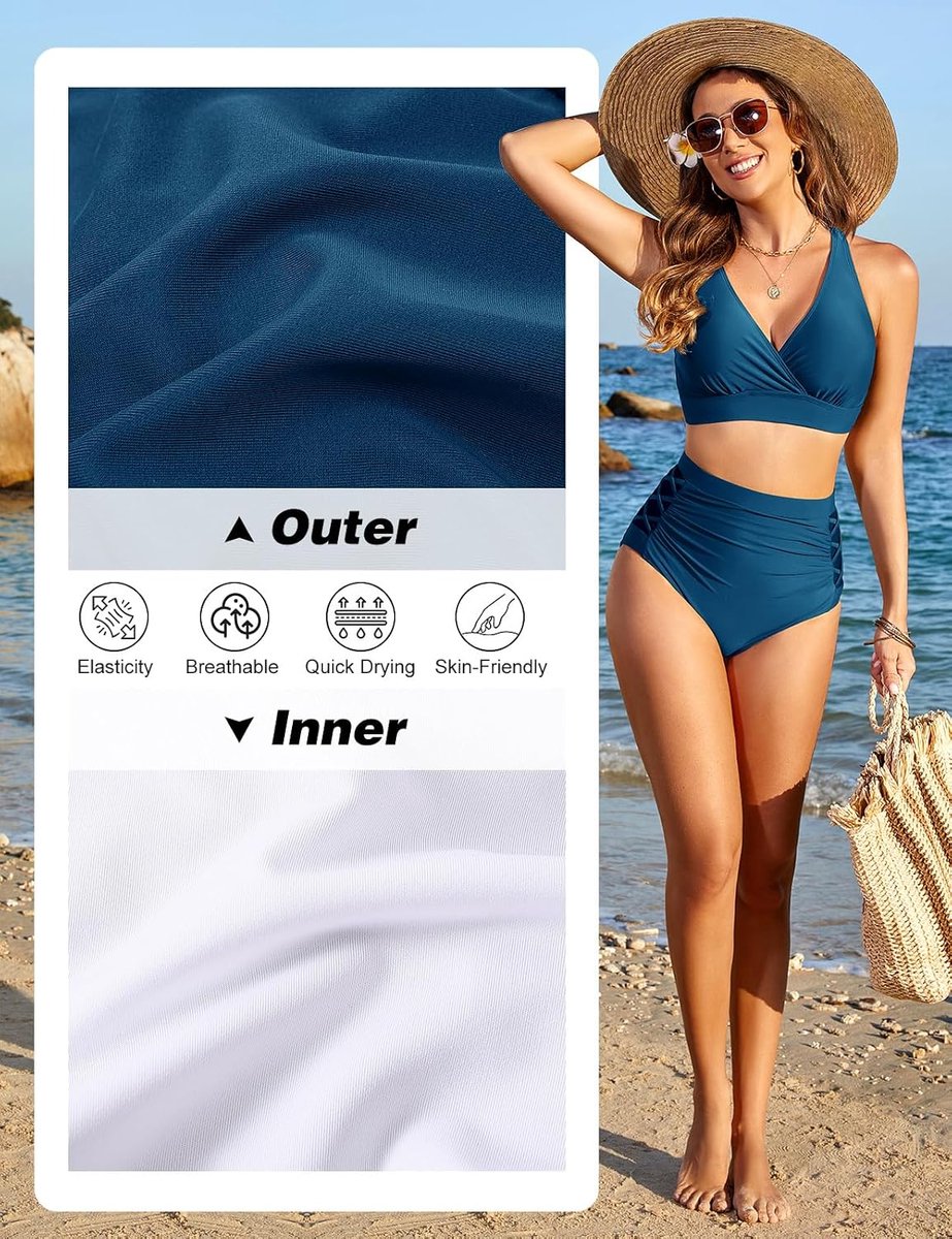 Sets voor dames, buikcontrole, hoge taille, bikiniset, gewatteerd, push-up zwemkostuum, V-hals, badmode, tweedelige zwemkleding met ruches en gekruiste bandjes, strandkleding