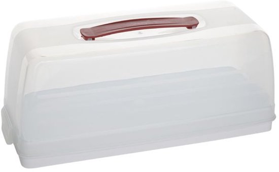 Rechthoekige taartdoos met witte bodem en transparante deksel met rood handvat.