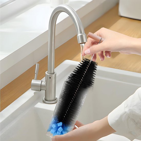 4 stuks flessenborstels, 32,5 cm flessenborstel + 21 cm hefborstel + rietje, reinigingsborstel, zwarte borstelharen en blauwe spons, flessenreinigingsborstel voor glazen karaf (zwart) — afbeelding 4