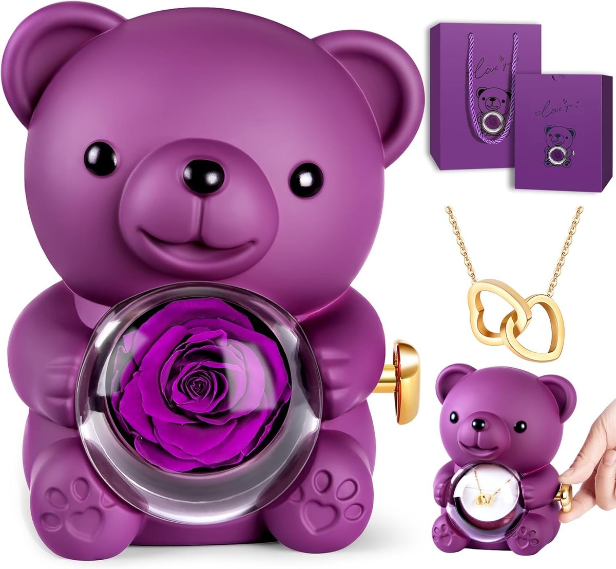 rozenbeer, geschenkdoos met halsketting, eeuwige roos met ketting, rozenbox, cadeau, rozenteddybeer, verjaardagscadeau, halsketting vrouwen: Moederdag, Valentijnsdag, bruiloft