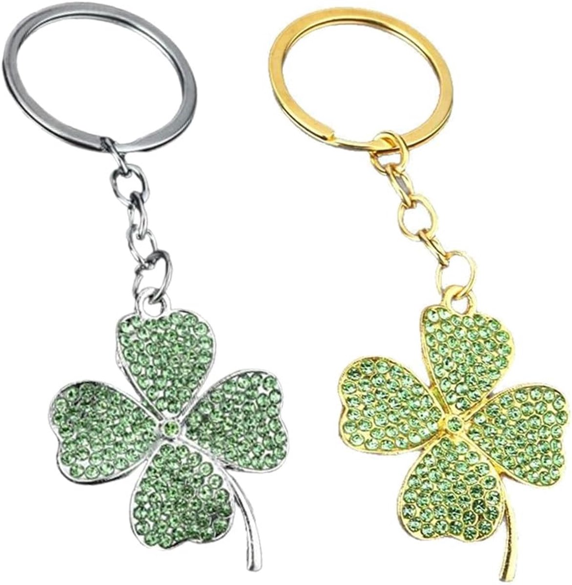 2 x sleutelhangers met klavertje vier in goud en zilver met grote groene bladeren en diamanten voor auto's, handtassen, sleutelhangers.