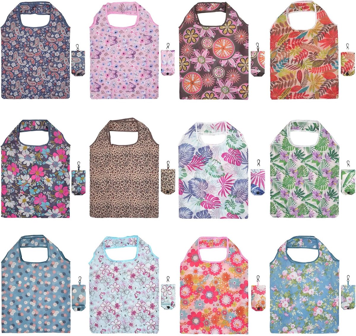 12 opvouwbare boodschappentassen, herbruikbaar, wasbaar, bloemen | Milieuvriendelijke opvouwbare draagtas, draagbare tas, modieuze opvouwbare boodschappentas voor reizen en kamperen
