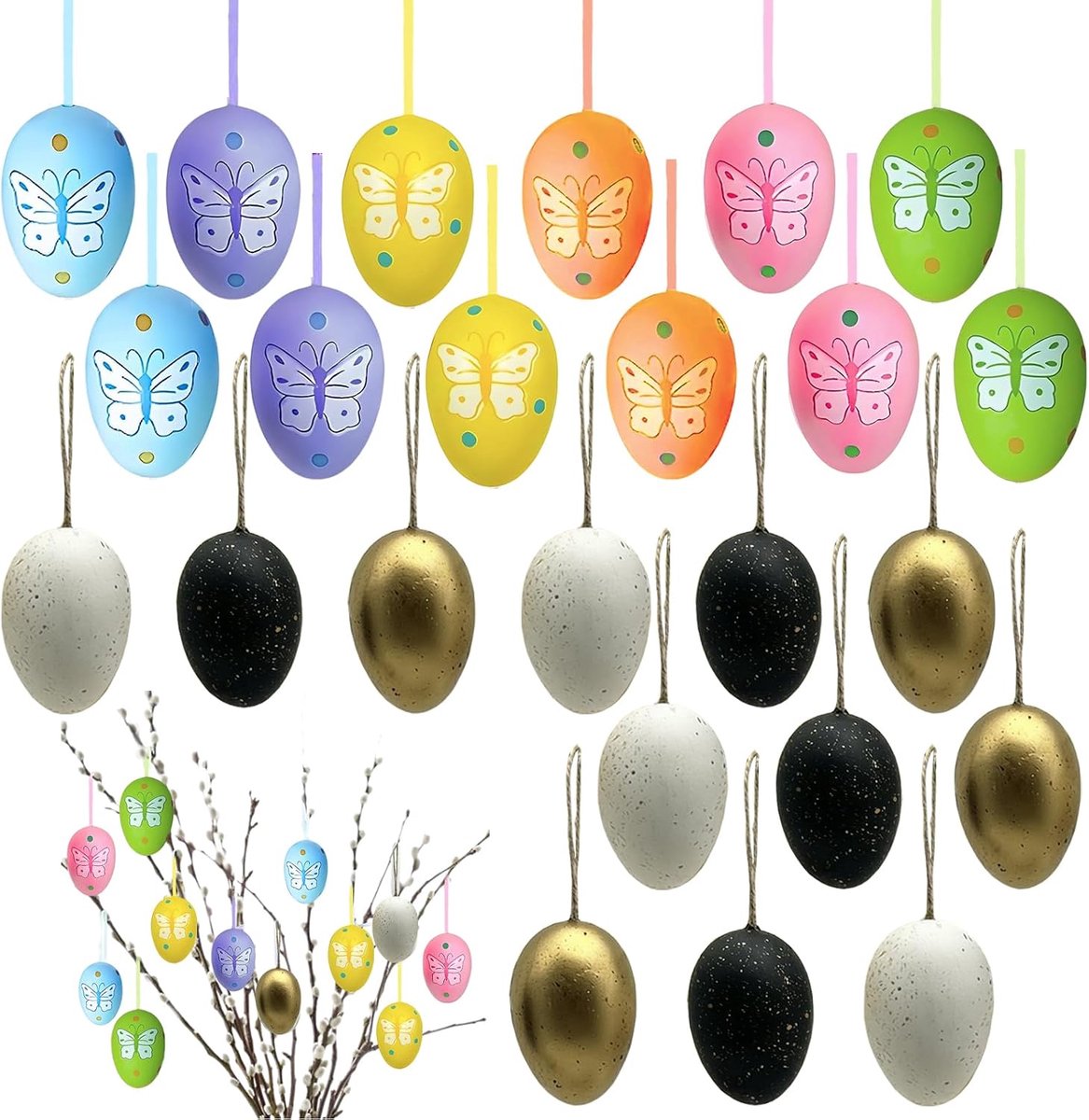 24 stuks paaseieren, kunststof, goud, wit en groen, 6 cm x 4 cm, sensorisch speelgoed, anti-stress, decoratie voor jachtmand, cadeau voor jongens en meisjes