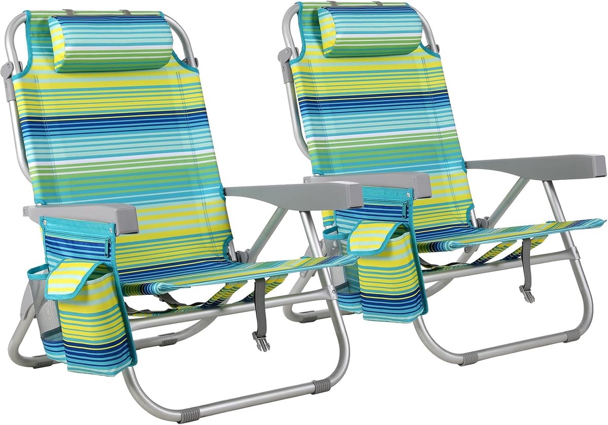 Strandstoel, inklapbaar, licht, aluminium, set van 2, rugzak, klapstoel, strand, campingstoel, kan plat liggen, tot 150 kg belastbaar, outdoor vouwstoel, verstelbare hoge rugleuning, ijszak