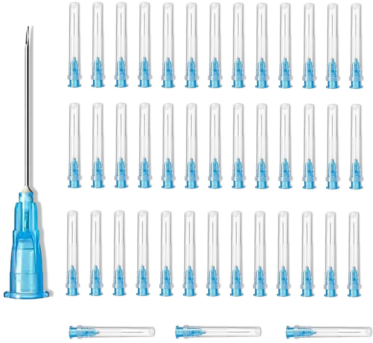Doseernaalden canule 0,6 x 25 mm blauw, vijftig stuks wegwerp-doseernaalden van roestvrij staal met kunststof sokkel voor industrie, laboratorium en doe-het-zelvers