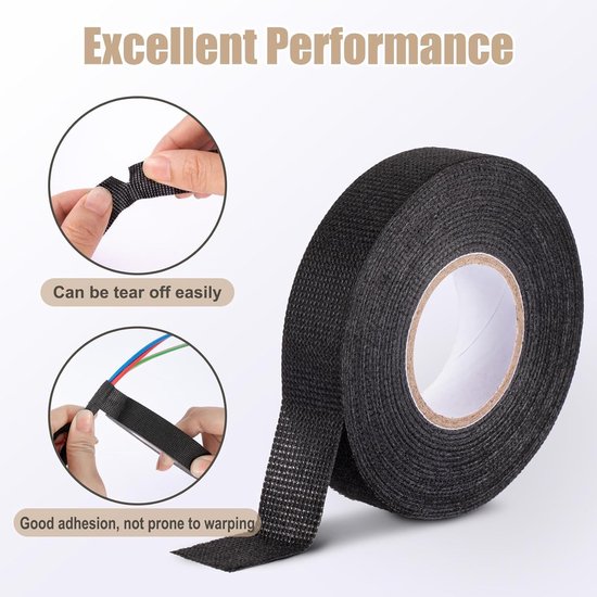 Isolatietape, stoftape, zwart, isolatietape, afdichtingstape, viltband, textielplakband, stoffen tape voor auto, huishouden, elektrische kabel, stoffen tape, 15 m x 19 mm — afbeelding 2