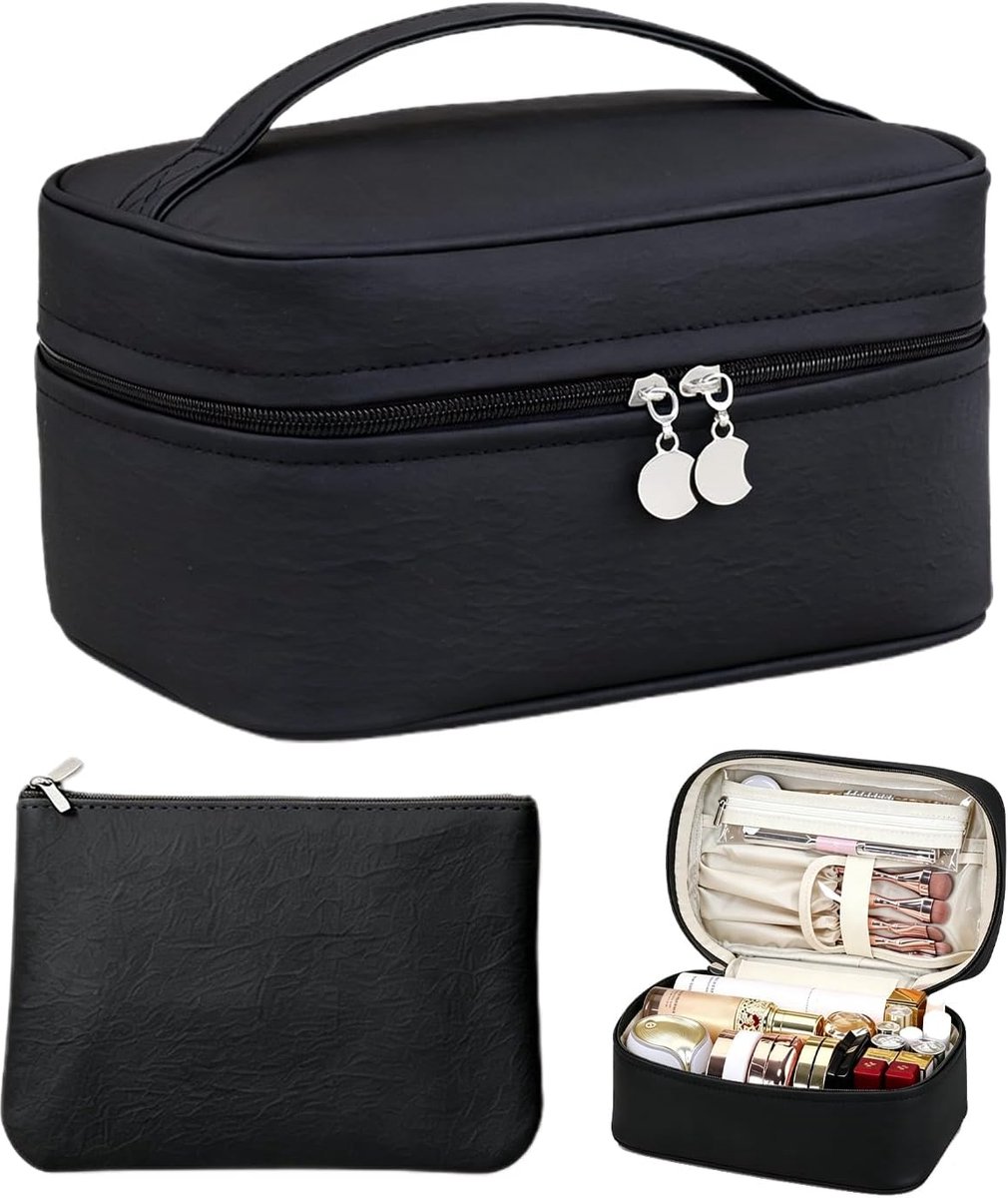 2-in-1 Grote Make-up Tas met Vakken voor Dames, Luxe Cosmetica Reistas met Afneembaar Tasje, Draagbare Toilettas Organizer, Zwart