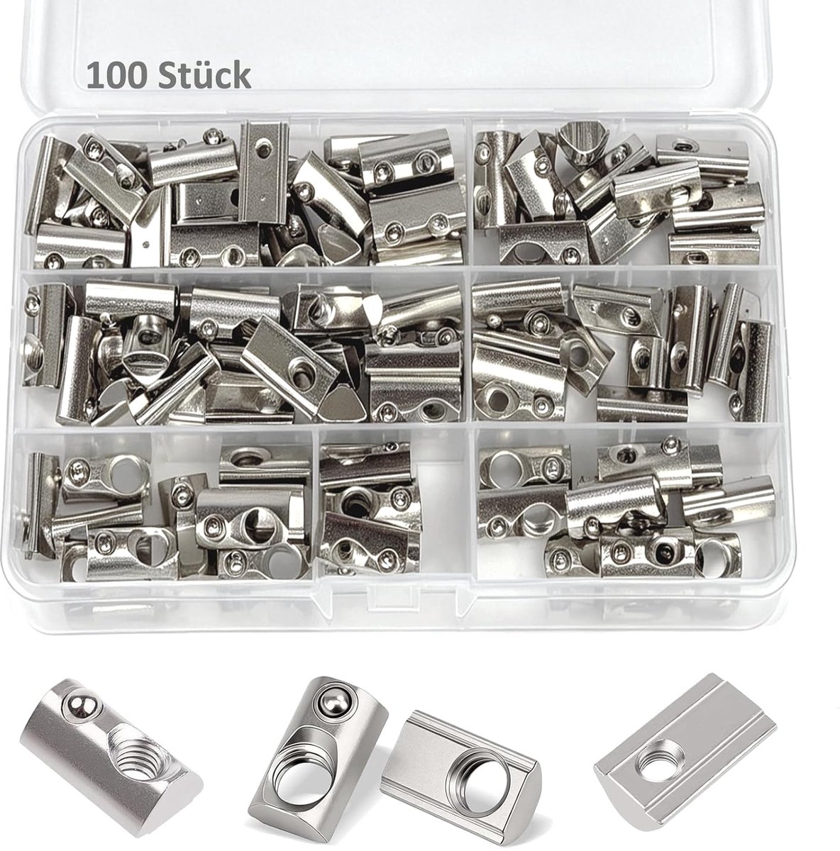 100 stuks groefstenen verschillende maten 30-serie M4 M5 M6 M8 groefsteen | Nutenstein glijmoer van koolstofstaal met veerkogel voor aluminium profiel, 3D-printer, CNC-frees, doe-het-zelfprojecten